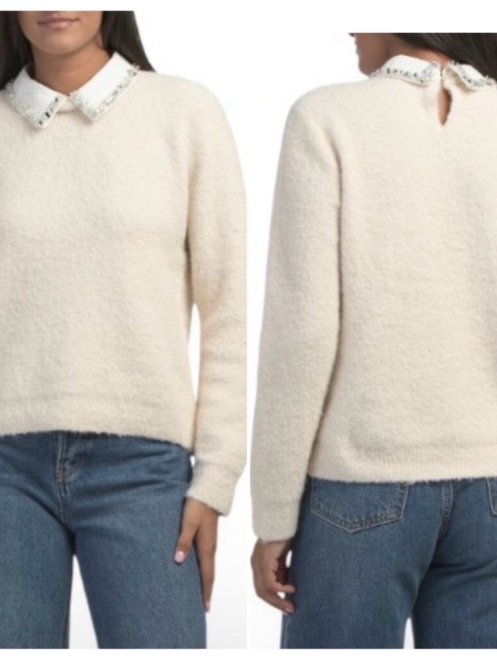 CeCe Cream Crewneck Sweater with Embellished White Collar